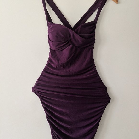 Ruched Royal Purple Midi/Mini Bodycon Dress AKIRA - Picture 3 of 8